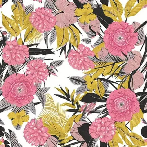 A yellow and pink pattern with flowers on white background