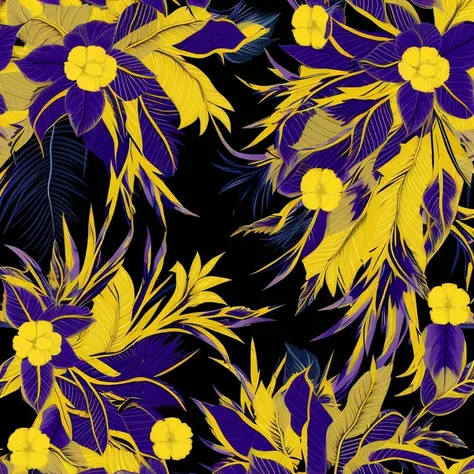 A yellow and purple pattern with flowers on black background