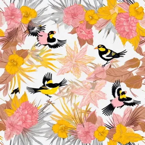 A yellow and pink pattern with birds and flowers on white background