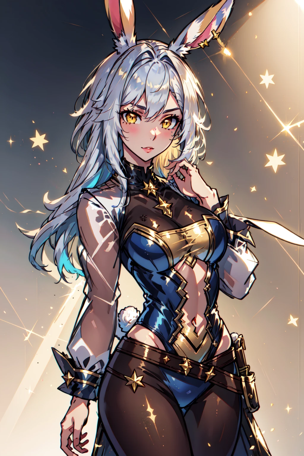 <lora:AiBunnies:1> toss a coin to your rabbit, 1girl, white hair, gold eyes, viera, bishoujo, tankini, open clothes