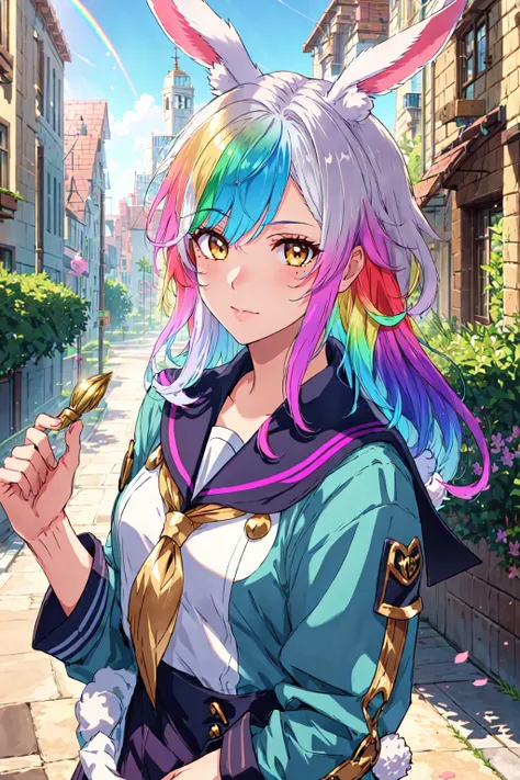 <lora:AiBunnies:0.8> toss a coin to your rabbit, 1girl, rainbow hair, multicolored hair, gradient hair, gold eyes, viera, bishoujo, sera fuku, sailor school uniform, twin tails, hair buns, skindentation, realistic, city, outdoors