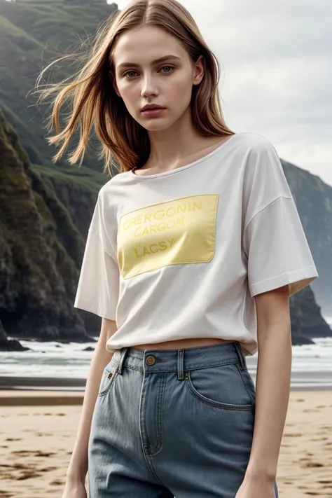 <lora:kawaii7.1.3_obj20:0.75:0.25>, European woman, closeup, sandals, (shirt), pants, (oregon coast), ZM_jennifer, wide shoulders, perfect face, (contact iris: 1.1), pale skin, skin pores , depth of field