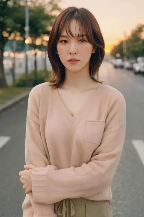 wendy1 a woman, (realistic), (hyperrealism), (photorealistic), depth of field, adult, (upper body:1.2), (narrow waist), eye makeup, looking at the viewer, posing for a photo, longsleeves, golden hour, sunset, at the street, trees, <lora:httpwendy:1:lbw=FACES>