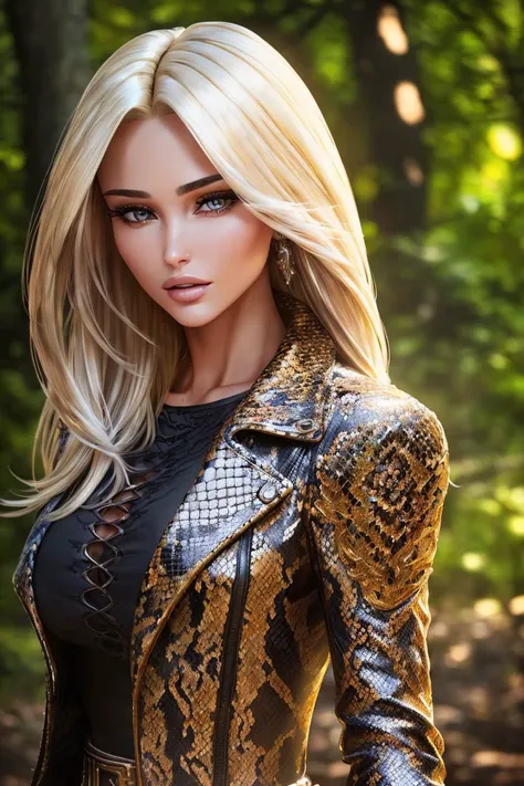 cowboyshot of S093_MariPashaeva, an attractive woman, in the (woods:1.2), wearing a (snakeskin-jacket) and jeans, sunset, (8k, RAW photo, best quality, depth of field, ultra high res:1.2), (absurdres, intricate, photorealistic, masterpiece, ultra-detailed, Unreal Engine:1.3)