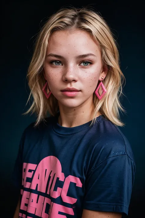 photo of (ryamp0lsky-135:0.99), closeup portrait, perfect blonde hair, portrait, (modern photo, Fluorescent Pink graphic tee), 24mm, (analog, cinematic, film grain:1.3), (plain Rich Blue background, gradient:1.1), ((detailed eyes)), (seductive pose), (epicPhoto), earrings