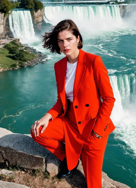 portrait of sks woman at the niagara falls, by Flora Borsi, style by Flora Borsi, bold, bright colours, ((Flora Borsi)), by Dorothea Lange, <lora:locon_selmablair_v1_from_v1_64_32:1>