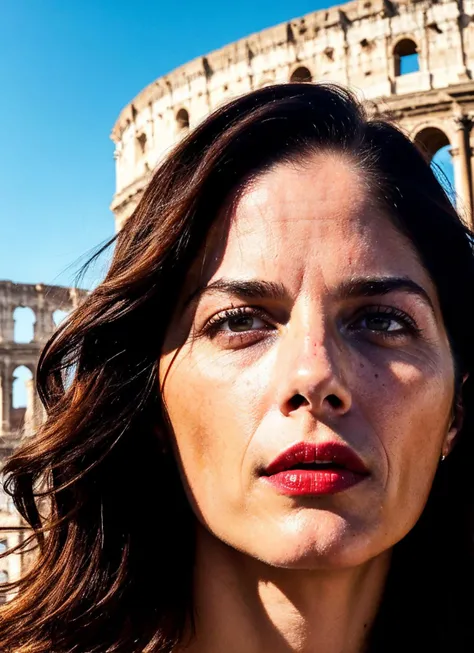 portrait of sks woman in rome, in front of coloseum, by Flora Borsi, style by Flora Borsi, bold, bright colours, ((Flora Borsi)), by Annie Leibovitz, <lora:locon_selmablair_v1_from_v1_64_32:1>
