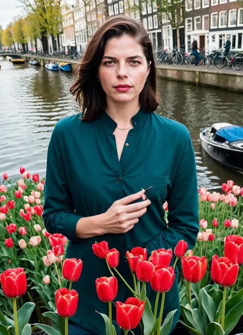 portrait of sks woman in Amsterdam, by the canals with tulips in the foreground, by Flora Borsi, style by Flora Borsi, bold, bright colours, ((Flora Borsi)), by Edward Weston, <lora:locon_selmablair_v1_from_v1_64_32:1>