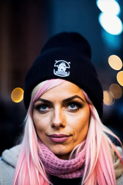 lvm, medium length blonde with pink highlights hair, (minimal ambient light), low light, night, gloomy, moody, fog, bokeh, background is night city, streetwear, beanie, scarf
, <lyco:LivM-RealVision-V1.0:1.0>