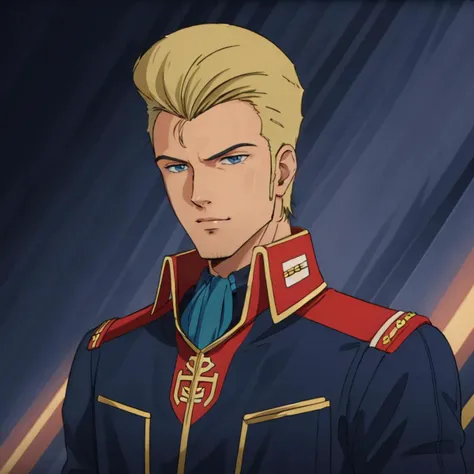 masterpiece,high quality,solo,
<lora:jeridandmouar001:0.7>,
jeridmessa,1man,
quiff,blonde hair,blue eyes,
black jacket,ascot,military uniform,