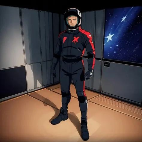 masterpiece,high quality,solo,indoors,
<lora:jeridandmouar001:0.7>,looking at viewer,smile,
jeridmessa,1man,
blonde hair,blue eyes,
black space helmet,
black space pilot suit,star (symbol),
full body,standing,