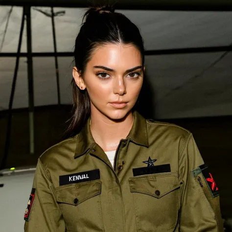 photo of kendall jenner, brown hair, wearing a military outfit, looking at viewer, at a military base  <lora:Kendall Jenner:1>