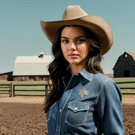 Hyperrealistic art photo of kendall jenner a woman, wearing a cowboy outfit, at a farm, looking directly at viewer, frontview,  <lora:Kendall Jenner:.9> . Extremely high-resolution details, photographic, realism pushed to extreme, fine texture, incredibly lifelike