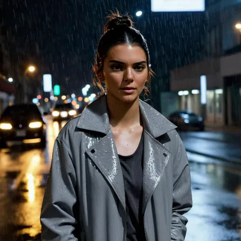 Hyperrealistic art photo of kendall jenner a woman, wearing a gray jacket, in the rain, on a street, nighttime, lights,  <lora:Kendall Jenner:.9> . Extremely high-resolution details, photographic, realism pushed to extreme, fine texture, incredibly lifelike