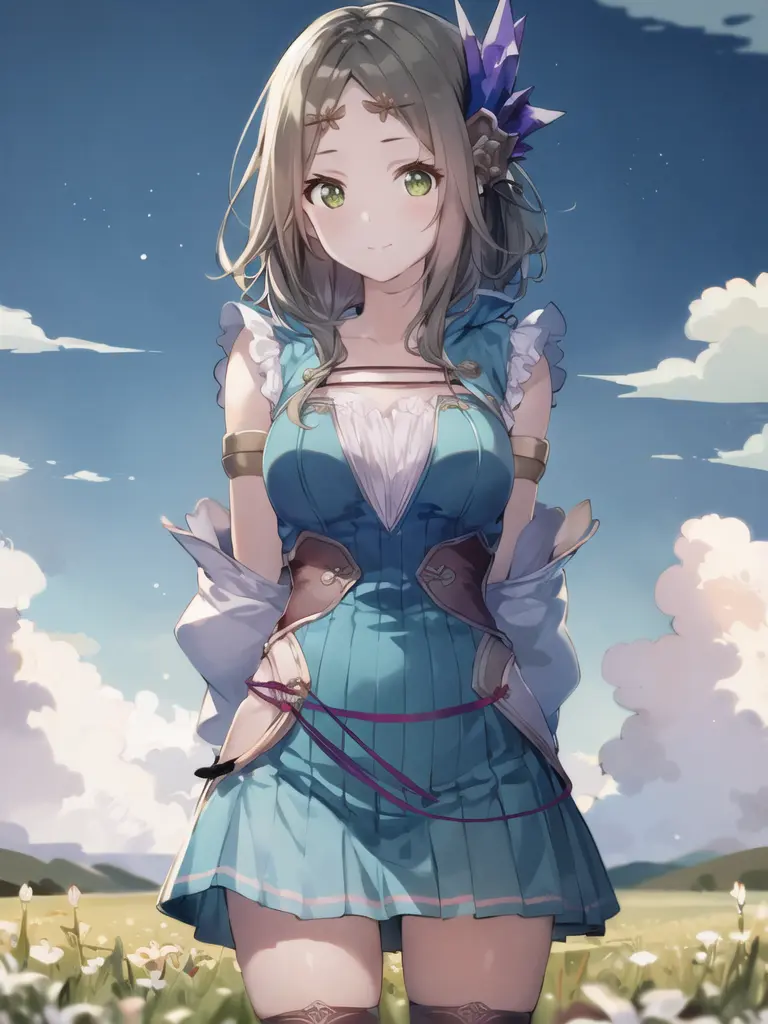 1girl, solo, masterpiece, best quality, charfirisnorm, upper body, standing, looking at viewer, closed mouth, hair ornament, circlet, arms behind back, field, cloudy sky, <lora:firisv1i-000014:0.8>