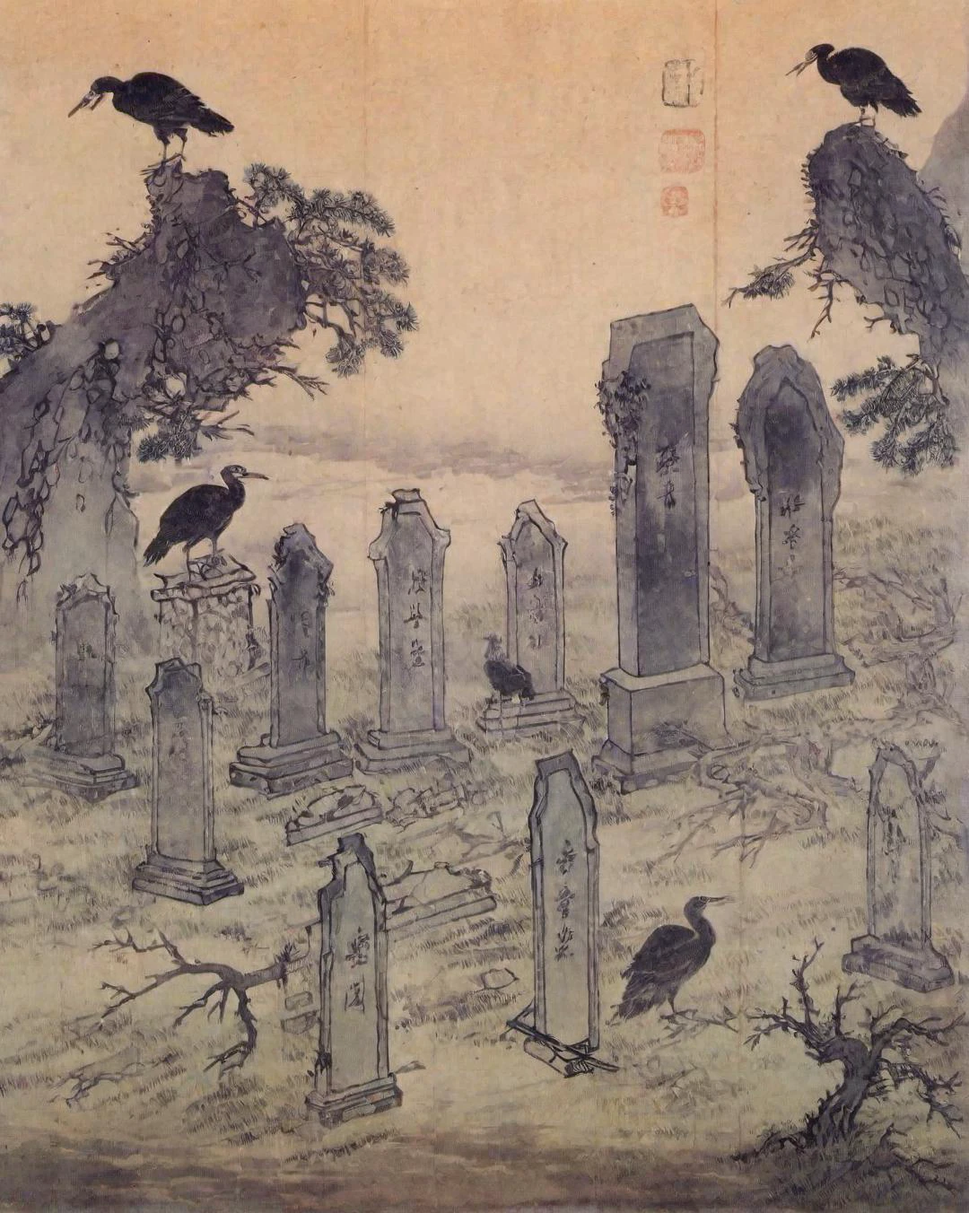 best quality, masterpiece, high resolution, kimhongdo painting, kimhongdo style, heoryeon style, whtjs, tnanr, Think of a silent graveyard, shrouded in fog. The tombstones are crooked and mossy, and a few crows are perched ominously. An eerie calm hangs in the air, making the scene perfect for a spooky graveyard.
