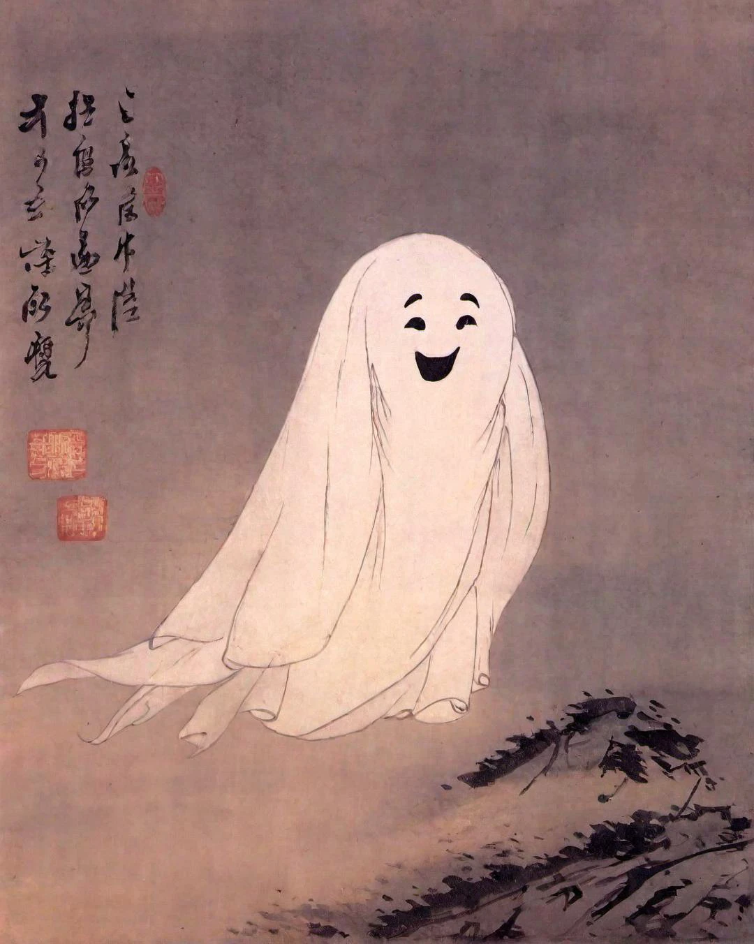 best quality, masterpiece, high resolution, kimhongdo painting, kimhongdo style, heoryeon style, whtjs, tnanr, Imagine a cute ghost with a friendly smile, hovering in mid-air with a faint glow around it. Its semi-translucent body, a classic white, leaves a trail of ethereal mist as it moves. Its eyes, though large and round, exude warmth, not fear.