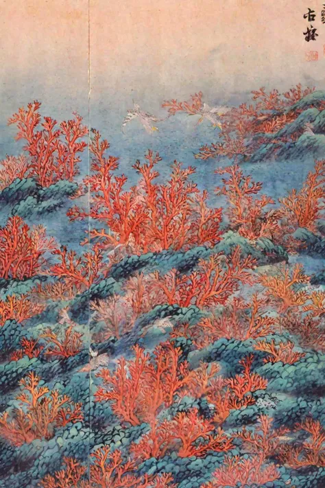 best quality, masterpiece, high resolution, kimhongdo painting, kimhongdo style, heoryeon style, whtjs, tnanr, The emerald waters are filled with colorful coral reefs and fish.