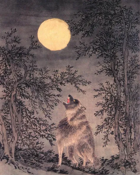 best quality, masterpiece, high resolution, kimhongdo painting, kimhongdo style, heoryeon style, whtjs, tnanr, Visualize a werewolf howling under a full moon, its form partially hidden by the trees. Its eyes are glowing yellow, its fur bristling. The scene captures the terror and thrill of a werewolf sighting.