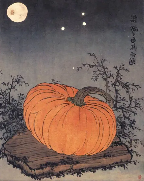 best quality, masterpiece, high resolution, kimhongdo painting, kimhongdo style, heoryeon style, whtjs, tnanr, Envision a large, perfectly round pumpkin sitting on a wooden table. The pumpkin has been carved into a jack-o'-lantern, its face gleaming with a gentle light. The night sky behind it is filled with a full moon and twinkling stars.