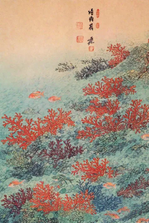 best quality, masterpiece, high resolution, kimhongdo painting, kimhongdo style, heoryeon style, whtjs painting, tnanr, The emerald waters are filled with colorful coral reefs and colorful fish, text, red seal