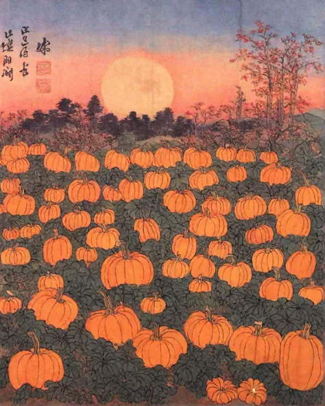 best quality, masterpiece, high resolution, kimhongdo painting, kimhongdo style, heoryeon style, whtjs, tnanr, Picture an expansive pumpkin patch bathed in the soft glow of the setting sun. The pumpkins, of various shapes and sizes, are ready for the Halloween celebration. Children are excitedly picking the perfect ones to carve into Jack-o'-lanterns.