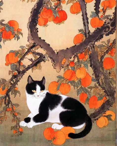 best quality, masterpiece, high resolution, kimhongdo painting, kimhongdo style, heoryeon style, whtjs, tnanr, A cat leisurely lounges under a lush persimmon tree, its fur reflecting the vibrant orange hues of the ripening fruits overhead. The scene is serene, a perfect blend of autumn colors and feline grace.