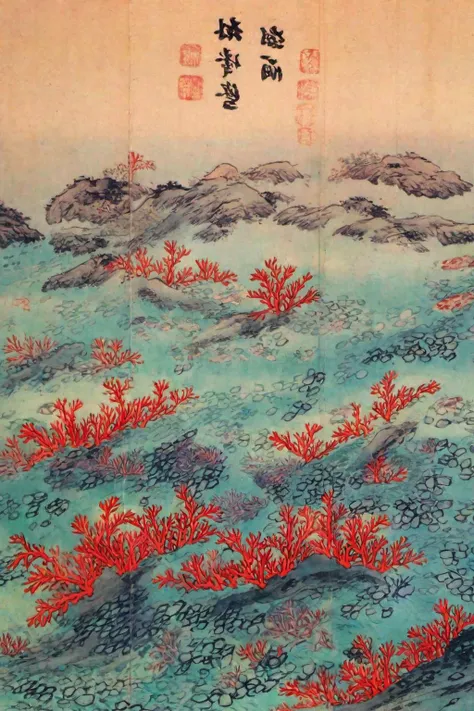 best quality, masterpiece, high resolution, kimhongdo painting, kimhongdo style, heoryeon style, whtjs, tnanr, The emerald waters are filled with colorful coral reefs and colorful fish, text, red seal