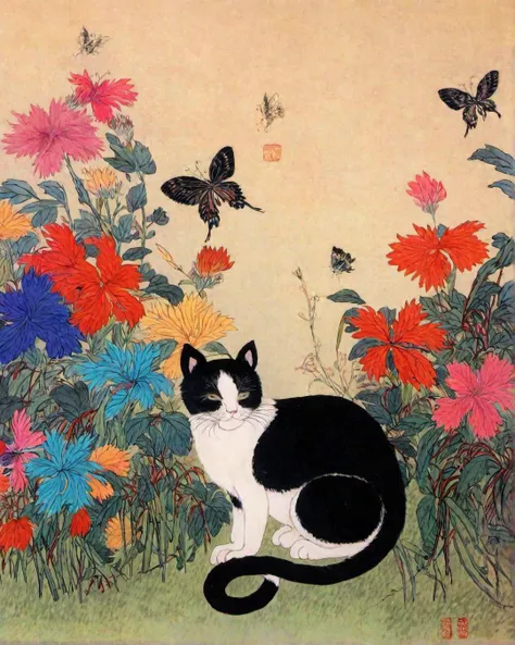 best quality, masterpiece, high resolution, kimhongdo painting, kimhongdo style, heoryeon style, whtjs, tnanr, Imagine a whimsical scene where a curious cat with vibrant fur is exploring a garden filled with colorful flowers, lush greenery, and fluttering butterflies. The cat's inquisitive expression and playful posture capture its sense of adventure and curiosity.