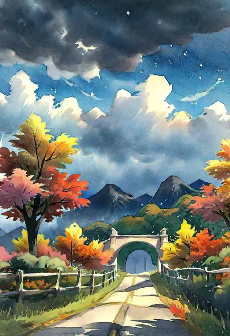 Sakimichan style, a nice fall night, autumnal, beautiful, gorgeous, cloudy day, leaves changing colors, mountains, great color fever flower, coast villge, mood vibe, bright from the light of the lamp, beautiful bright night sky scenery, watercolor, ink acrylic painting, bright multicolor scenery, style of makoto shinkai studio ghibli genshin impact james gilleard greg rutkowski chiho aoshima, ultra hd, realistic, vivid colors, highly detailed, UHD drawing, pen and ink, perfect composition, beautiful detailed intricate insanely detailed octane render trending on artstation, 8k artistic photography, photorealistic concept art, soft natural volumetric cinematic perfect light, ultra hd, realistic, vivid colors, highly detailed, UHD drawing, pen and ink, perfect composition, beautiful detailed intricate insanely detailed octane render trending on artstation, 8k artistic photography, photorealistic concept art, soft natural volumetric cinematic perfect light<lora:xl_more_art-full_v1:0.5>