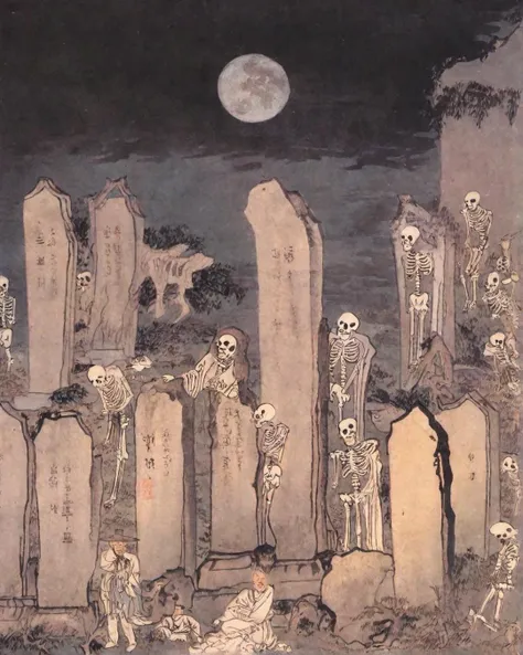 best quality, masterpiece, high resolution, kimhongdo painting, kimhongdo style, heoryeon style, whtjs, tnanr, A ghostly gathering in a graveyard, illuminated by the moonlight. Ghosts are floating around tombstones, and skeletons are rising from the ground. A group of brave kids are watching from behind a large tombstone.