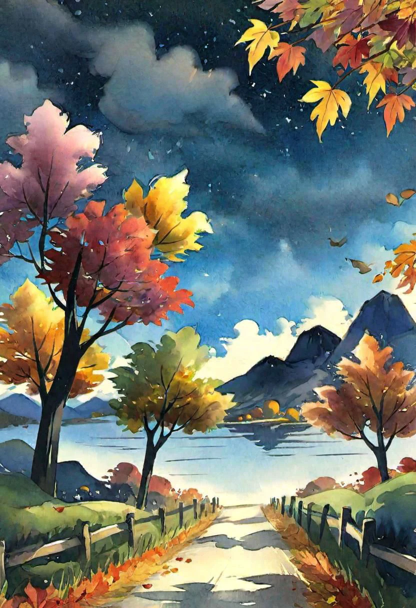 Sakimichan style, a nice fall night, autumnal, beautiful, gorgeous, cloudy day, leaves changing colors, mountains, great color fever flower, coast villge, mood vibe, bright from the light of the lamp, beautiful bright night sky scenery, watercolor, ink acrylic painting, bright multicolor scenery, style of makoto shinkai studio ghibli genshin impact james gilleard greg rutkowski chiho aoshima, ultra hd, realistic, vivid colors, highly detailed, UHD drawing, pen and ink, perfect composition, beautiful detailed intricate insanely detailed octane render trending on artstation, 8k artistic photography, photorealistic concept art, soft natural volumetric cinematic perfect light, ultra hd, realistic, vivid colors, highly detailed, UHD drawing, pen and ink, perfect composition, beautiful detailed intricate insanely detailed octane render trending on artstation, 8k artistic photography, photorealistic concept art, soft natural volumetric cinematic perfect light<lora:xl_more_art-full_v1:0.5>