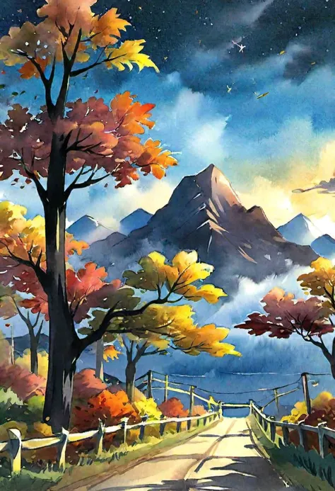 Sakimichan style, a nice fall night, autumnal, beautiful, gorgeous, cloudy day, leaves changing colors, mountains, great color fever flower, coast villge, mood vibe, bright from the light of the lamp, beautiful bright night sky scenery, watercolor, ink acrylic painting, bright multicolor scenery, style of makoto shinkai studio ghibli genshin impact james gilleard greg rutkowski chiho aoshima, ultra hd, realistic, vivid colors, highly detailed, UHD drawing, pen and ink, perfect composition, beautiful detailed intricate insanely detailed octane render trending on artstation, 8k artistic photography, photorealistic concept art, soft natural volumetric cinematic perfect light, ultra hd, realistic, vivid colors, highly detailed, UHD drawing, pen and ink, perfect composition, beautiful detailed intricate insanely detailed octane render trending on artstation, 8k artistic photography, photorealistic concept art, soft natural volumetric cinematic perfect light<lora:xl_more_art-full_v1:0.5>