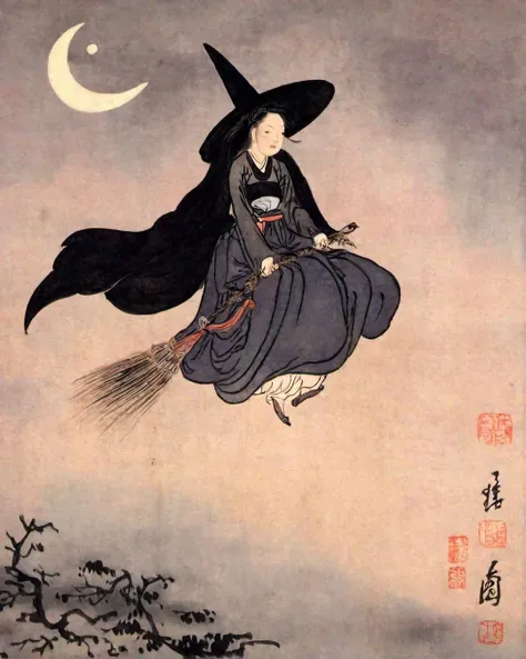 best quality, masterpiece, high resolution, kimhongdo painting, kimhongdo style, heoryeon style, whtjs, tnanr, Imagine a tantalizing scene of a Halloween witch soaring through the midnight sky. The moon illuminates her path as she rides on her broomstick, her cloak billowing in the gusty winds. She’s casting a powerful spell, her hands glowing with enchanting magic.