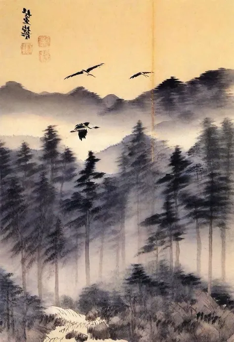 High mountain, surrounded by forest, birds flying through the air, sun rising in the background, korean drawing style,