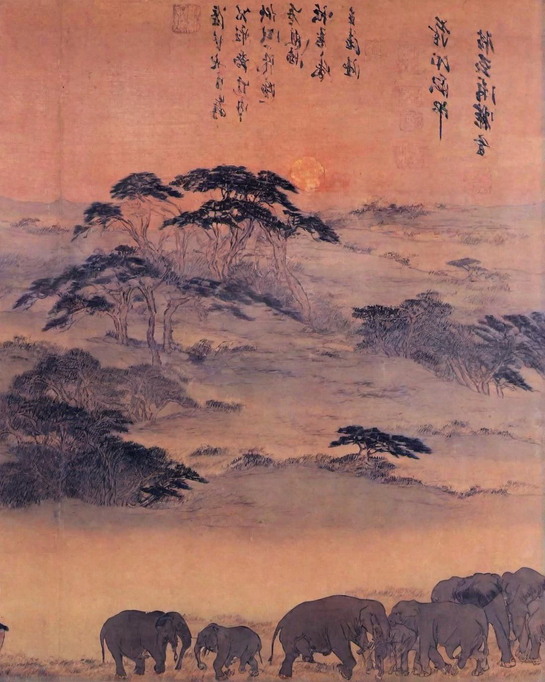 best quality, masterpiece, high resolution, kimhongdo painting, kimhongdo style, heoryeon style, whtjs, tnanr, Produce sweeping vista showcasing African savannah during golden hour when long shadows stretch across grasslands dotted with acacia trees while herds of elephants meander towards watering hole under vast sky ablaze with setting sun’s fiery farewell.