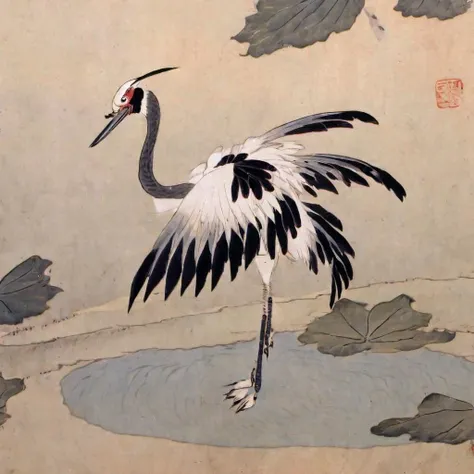 kimhongdo, gureuk, A graceful Korean crane gracefully spreading its wings while standing in a serene lotus pond.