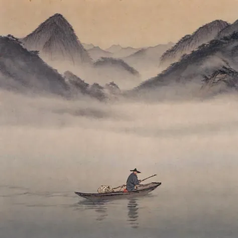 kimhongdo, tnanr, A tranquil riverside scene with a lone fisherman in a traditional boat, surrounded by misty mountains.