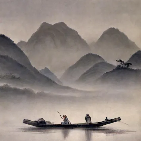 whtjs, tnanr, A tranquil riverside scene with a lone fisherman in a traditional boat, surrounded by misty mountains.