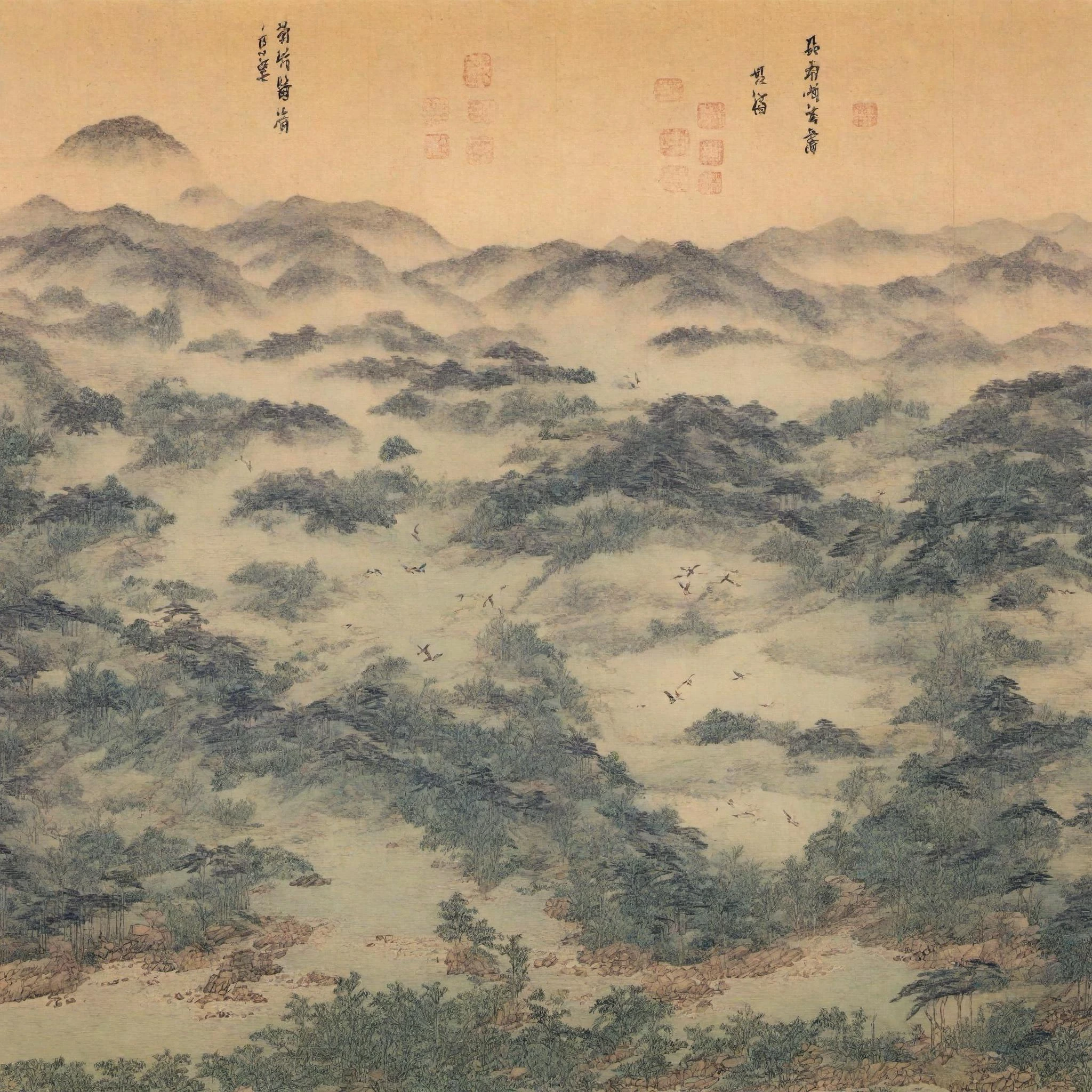 best quality, masterpiece, high resolution, kimhongdo, whtjs, tnanr, Create a breathtaking natural landscape with vivid details, vibrant colors, and a sense of tranquility. Let your imagination run wild as you depict a serene scene of rolling hills, lush green forests, a sparkling river flowing through the valley, and a majestic mountain peak in the distance. Capture the beauty of nature's elements, such as sunlight filtering through the trees, gentle ripples on the water's surface, and birds gracefully soaring across the sky. Make the viewer feel immersed in this idyllic setting, evoking a sense of peace, awe, and connection with the natural world.
