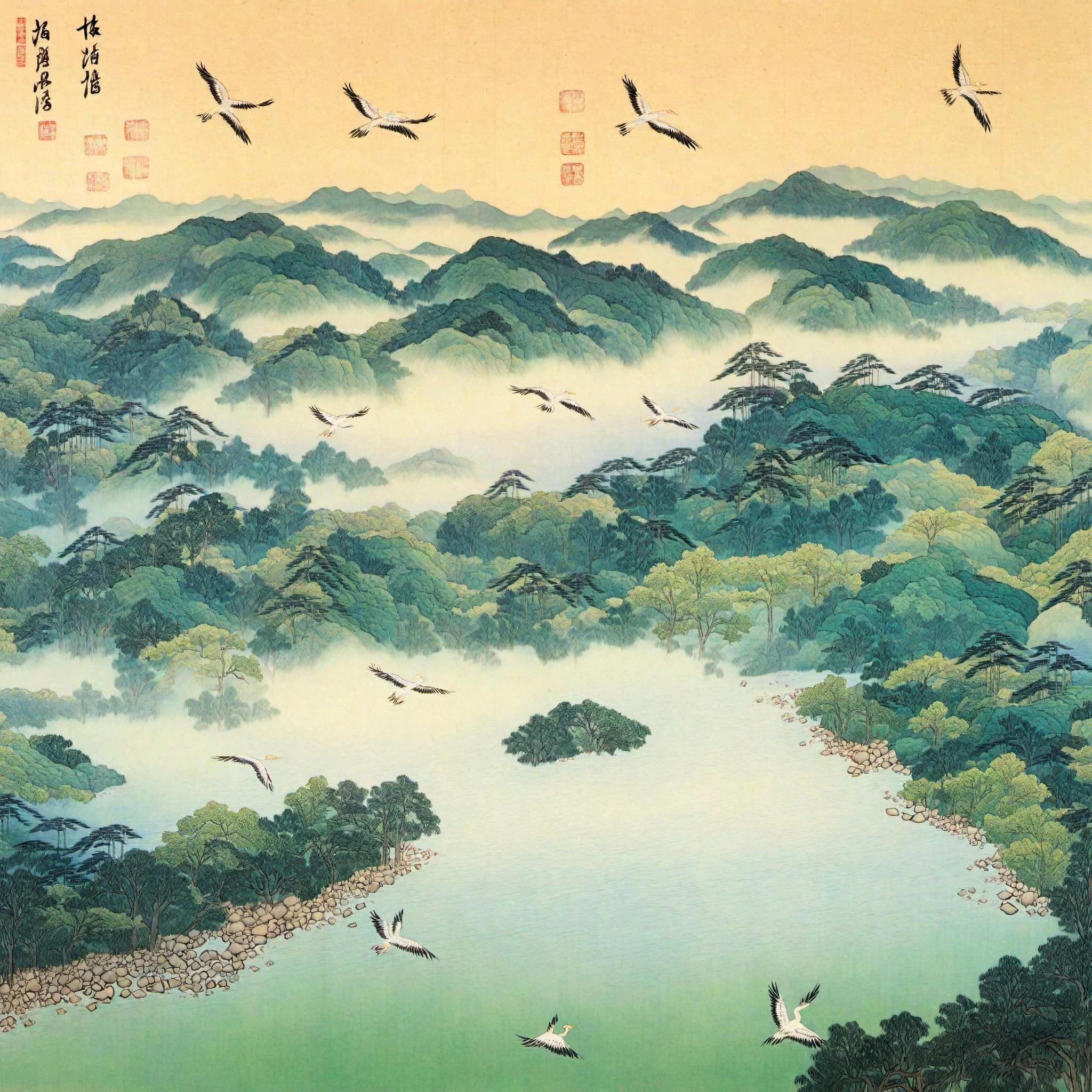 best quality, masterpiece, high resolution, kimhongdo, whtjs, tnanr, Create a breathtaking natural landscape with vivid details, vibrant colors, and a sense of tranquility. Let your imagination run wild as you depict a serene scene of rolling hills, lush green forests, a sparkling river flowing through the valley, and a majestic mountain peak in the distance. Capture the beauty of nature's elements, such as sunlight filtering through the trees, gentle ripples on the water's surface, and birds gracefully soaring across the sky. Make the viewer feel immersed in this idyllic setting, evoking a sense of peace, awe, and connection with the natural world.