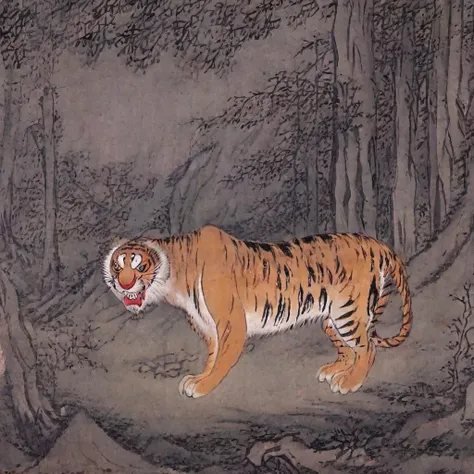 whtjs, kimhongdo, tnanr, gksrnr, A majestic tiger prowling through a dense Korean forest, its eyes piercing through the darkness.
