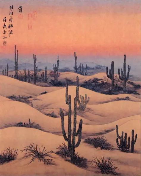 best quality, masterpiece, high resolution, kimhongdo painting, kimhongdo style, heoryeon style, whtjs, tnanr, Portray dramatic desert landscape at twilight when long shadows stretch across rippled sand dunes; include solitary cactus standing defiantly against backdrop where setting sun paints sky in fiery hues.