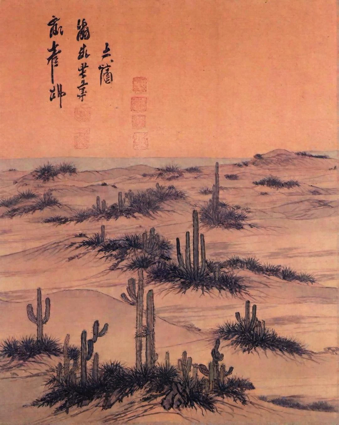 best quality, masterpiece, high resolution, kimhongdo painting, kimhongdo style, heoryeon style, whtjs, tnanr, Portray dramatic desert landscape at twilight when long shadows stretch across rippled sand dunes; include solitary cactus standing defiantly against backdrop where setting sun paints sky in fiery hues.