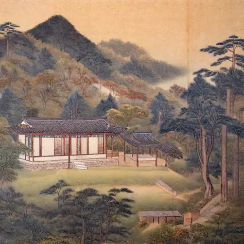 (materpiece:1.2),(photorealistic:1.2),(best quality),
kimhongdo, tnanr, A painting of traditional korean house nestled among the trees, peaceful atmosphere, volumetric lighting