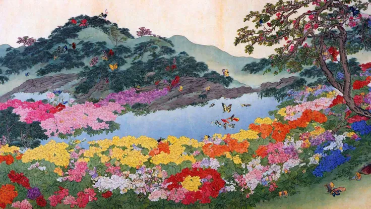 kimhongdo, a small lake winding on top of a mountain surrounded with flowers with vibrant colors, a single tall tree with thick foliage and flowers, butterflies flying lazily, vibrant flowerbeds, petals,
vibrant, vivid, intricate,
masterpiece, exquisitely detailed, high quality,
<lora:add-detail-xl:1>