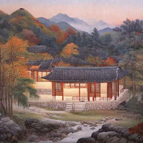 (materpiece:1.2),(photorealistic:1.2),(best quality),
kimhongdo, tnanr, A painting of traditional korean house nestled among the trees, peaceful atmosphere, volumetric lighting