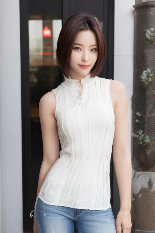 <lora:fromisSaeromV1:1>,Saerom, woman,complex 3d render ultra detailed, smile, portrait of beautiful woman, moody portrait, striking features, beauty, intricate details, dramatic composition, tension, contrast, texture, realism, high-quality rendering, stunning art, high quality, film grain, Fujifilm XT3,swirly bokeh,(realistic, photo-realistic:1.2),RAW photo,physically-based rendering,(looking at viewer:1.4),(8k, best quality, masterpiece:1.2),(full body shot:1.1),octane render,extremely detailed CG, unity 8k wallpaper,in street,urban,city,(studio soft light,sunlight:1.2),(standing:1.1),(a girl is wearing sleeveless:1.5),hyper realistic detail shiny skin,ultra detailed,(ultra realistic:1.2),(intricate:1.2),(photorealistic:1.2),1girl,(skinny:1.3),detailed background ,(large breasts:1.1)