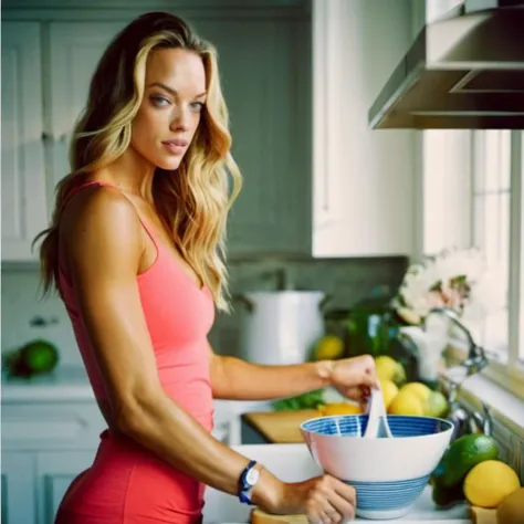 embedding:hannahferguson hannahferguson is an effortlessly beautiful woman, wearing a tshirt and jeans, washing dishes in the kitchen., photograph, photorealism, highly detailed, detailed eyes, award winning, 4k, uhd, high quality, sharp focus, by arny freytag, fujifilm xt3