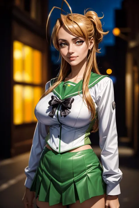 (ultra realistic,32k, masterpiece:1.2),(high detailed skin:1.1),( high quality:1.1),
<lora:miyamoto_rei_v1:0.8>(evil grin, v-shaped eyebrows:1.1),(eyeliner,long lashes, mascara:1.1),1girl, solo, long hair, brown hair, antenna hair, brown eyes, school uniform, green sailor collar, black bowtie, white shirt, long sleeves, pleated skirt, green skirt, black thighhighs, cybernetic crime syndicate hideout, rogue hackers, cybernetic criminals, illegal activities (blurry background:1.2),(looking at viewer, portrait:1.1),, (huge breast,large breast:1.1),<lora:add_detail:0.78>,full body,
(glow in the dark:1.1),